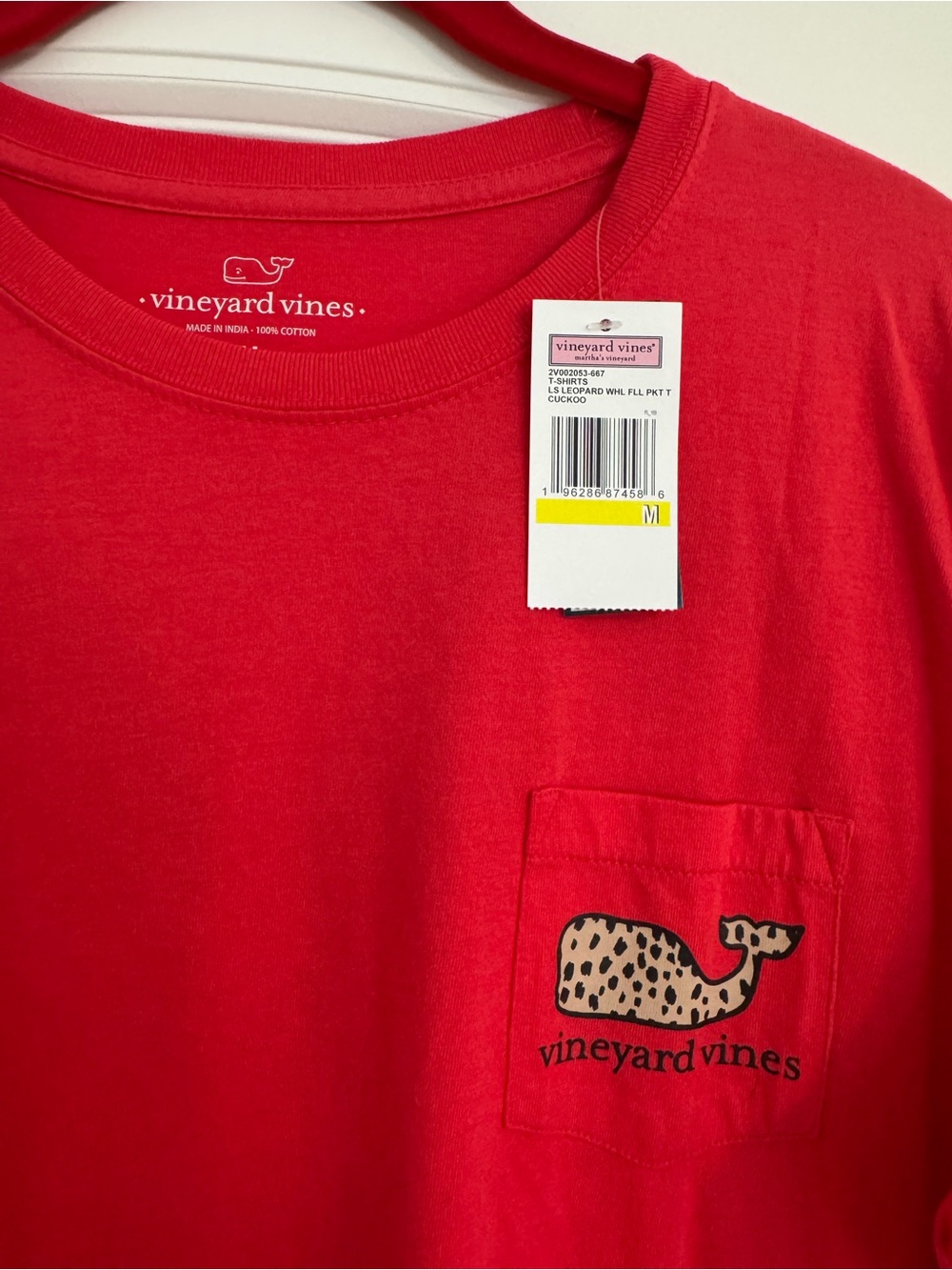 Vineyard Vines Red Pocket Tee with Leopard Whale